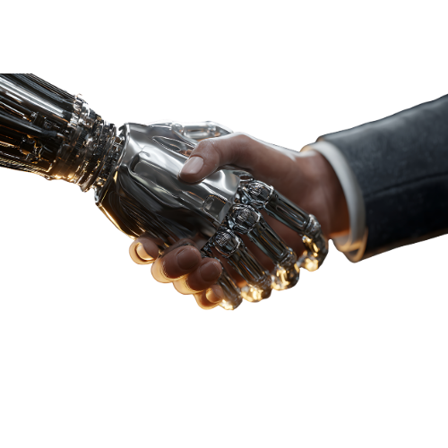 AI and human handshake representing collaboration between automation and human decision making