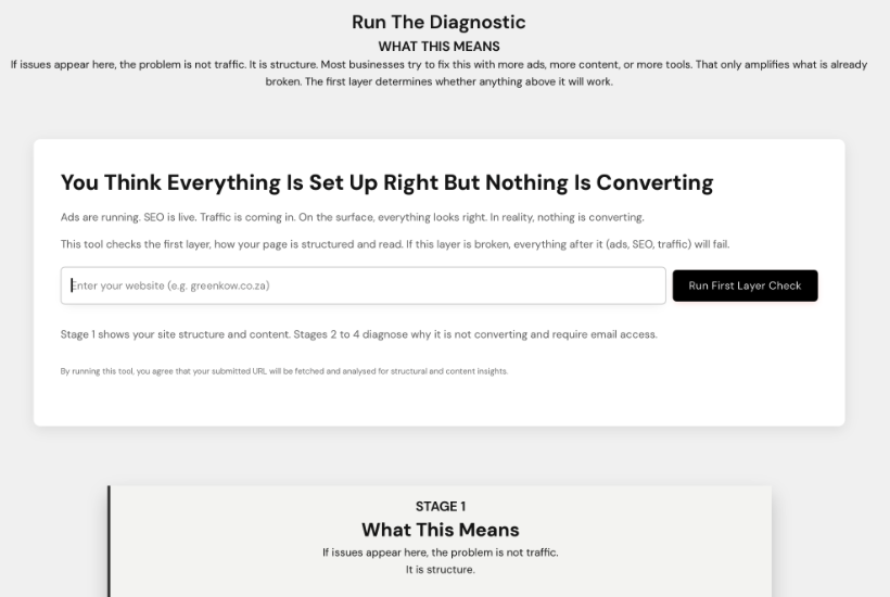 Conversion diagnostic identifying problem areas and surface level fixes for page content